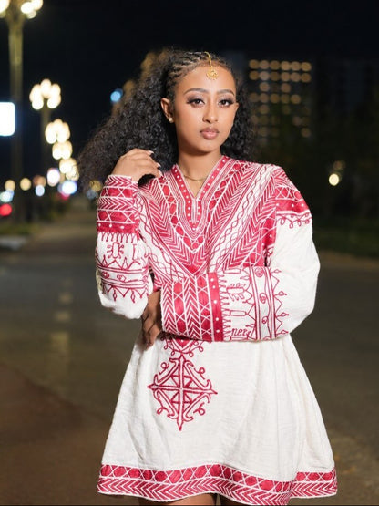 Ethiopian traditional dress Modern Red Embroidered Mini Dress V-Neck Bodice & Cross Motif Habesha Kemis 1327