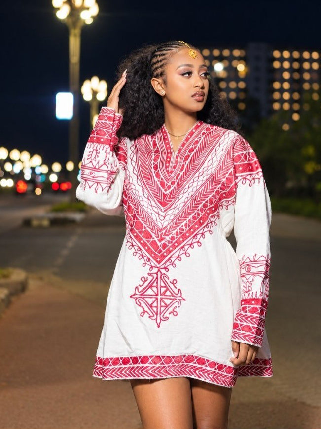 Ethiopian traditional dress Modern Red Embroidered Mini Dress V-Neck Bodice & Cross Motif Habesha Kemis 1327