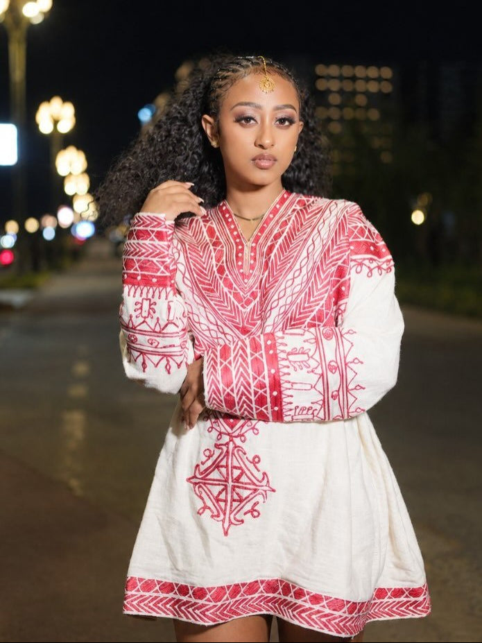 Ethiopian traditional dress Modern Red Embroidered Mini Dress V-Neck Bodice & Cross Motif Habesha Kemis 1327