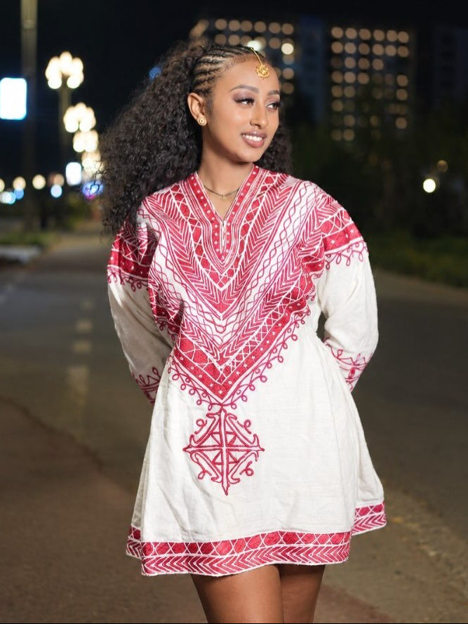 Ethiopian traditional dress Modern Red Embroidered Mini Dress V-Neck Bodice & Cross Motif Habesha Kemis 1327