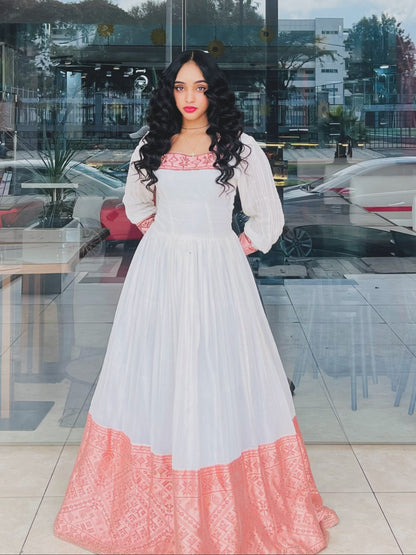 Peach Pink Geometric Embroidered Cultural Gown | Pure habesha cloth