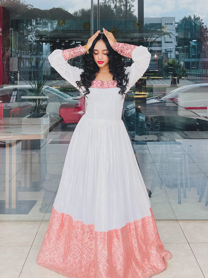 Ethiopian traditional dress Royal Peach Pink Geometric Tapestry Habesha Dress Long-Sleeve Ethiopian dress 1328