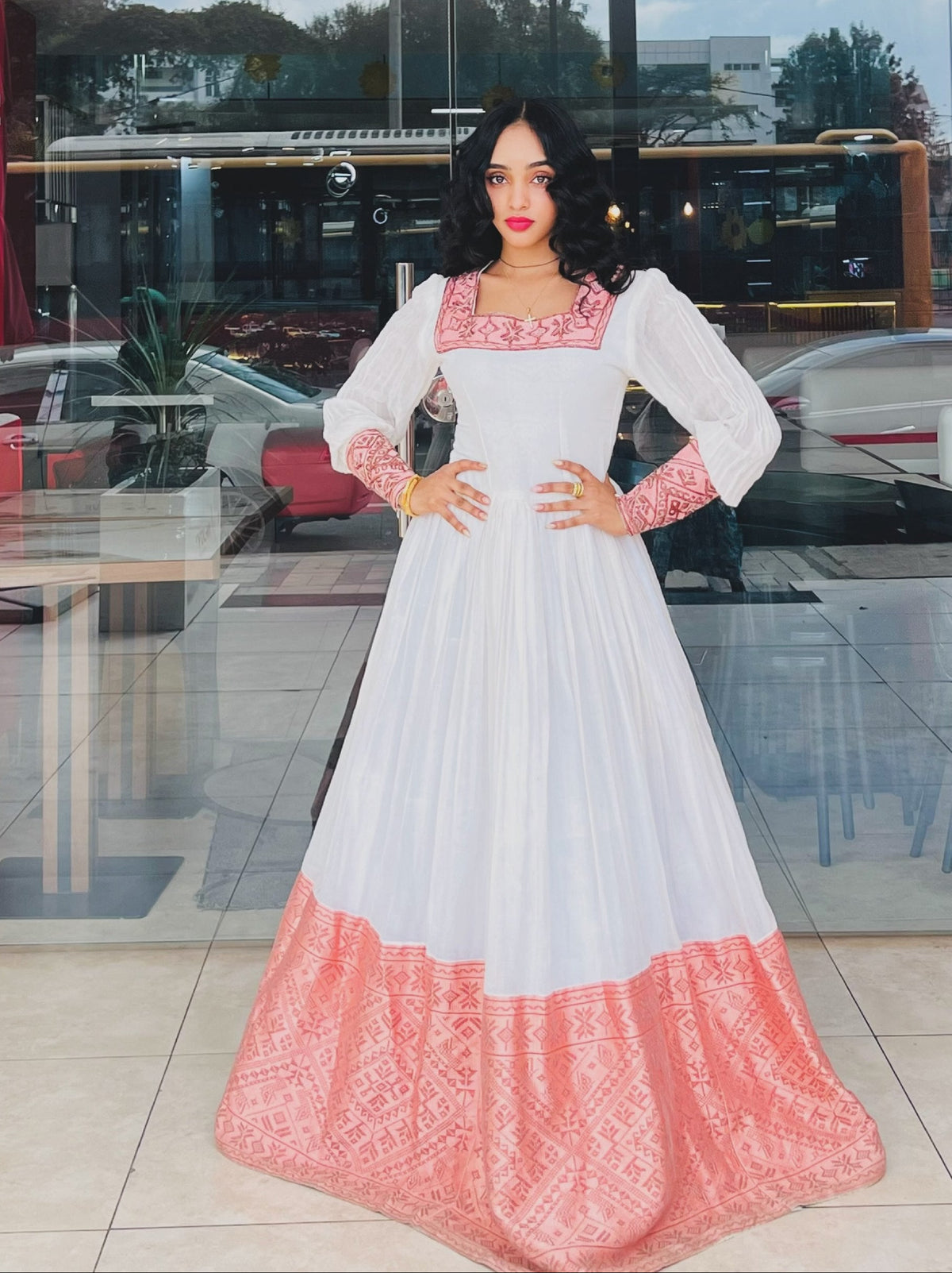 Ethiopian traditional dress Royal Peach Pink Geometric Tapestry Habesha Dress Long-Sleeve Ethiopian dress 1328