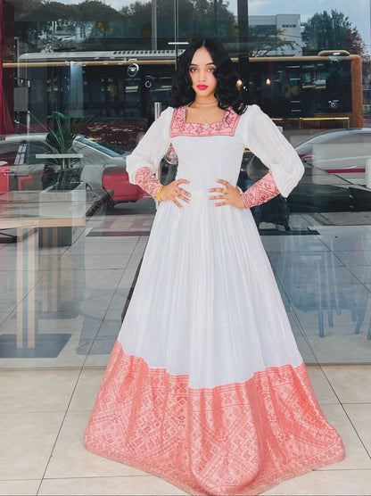 Ethiopian traditional dress Royal Peach Pink Geometric Tapestry Habesha Dress Long-Sleeve Ethiopian dress 1328