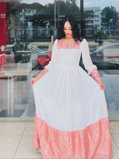 Ethiopian traditional dress Royal Peach Pink Geometric Tapestry Habesha Dress Long-Sleeve Ethiopian dress 1328