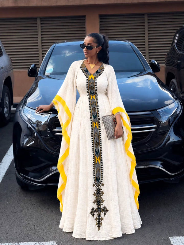 Yellow & Black Geometric Tapestry Kaftan Ethiopian Clothing Angel Sleeves & Central Cross Habesha Dress 1331