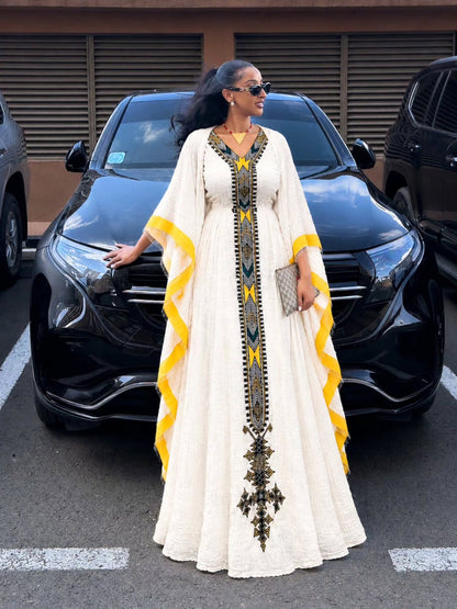 Yellow & Black Geometric Embroidered Kaftan Gown Charming Habesha Kemis