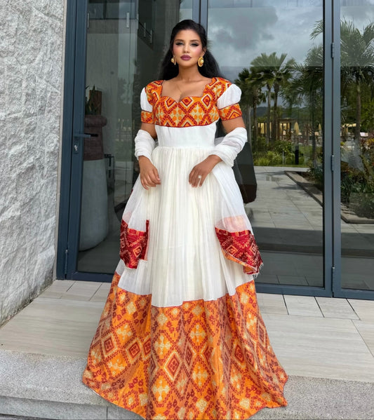 Vibrant Orange & Red Diamond Embroidered Cultural Gown | Pure habesha cloth