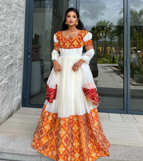 Vibrant Orange & Red Diamond Embroidered Cultural Gown | Pure habesha cloth