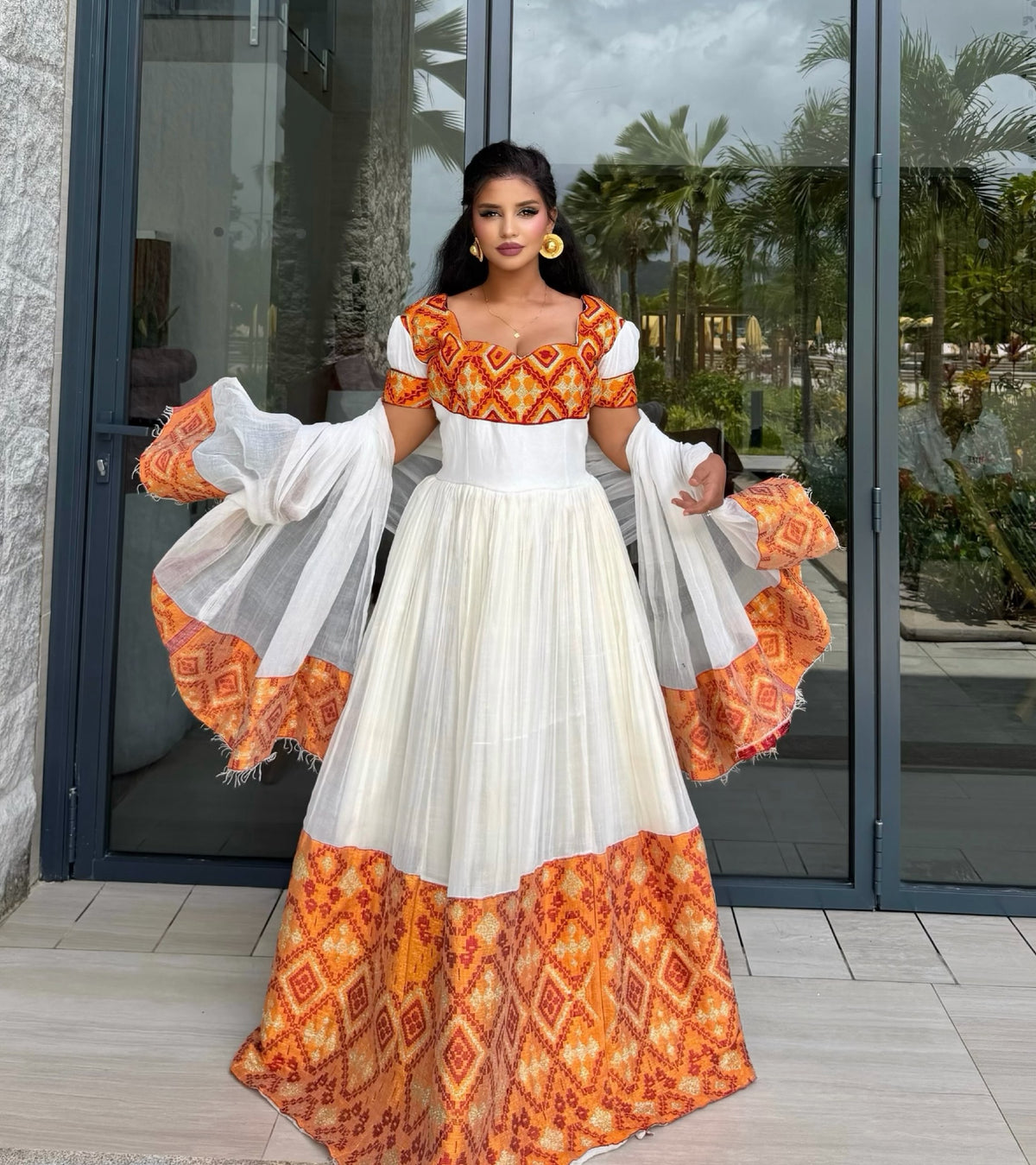 Royal Vibrant Orange & Red Diamond Tapestry Habesha Dress Short-Sleeve Habesha Kemis with Netela 1330