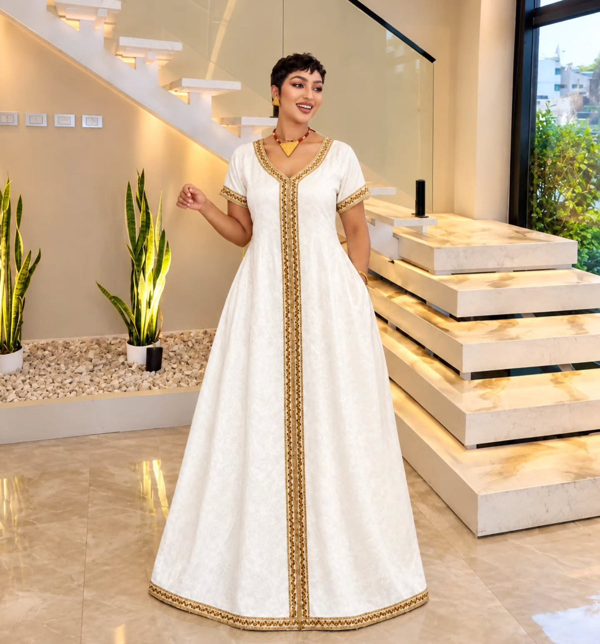 Order AI-Generated Habesha Kemis Online Gold & White Ethiopian Traditional Dress