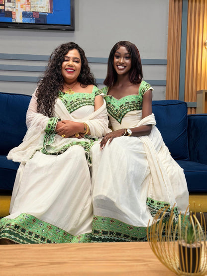 Habesha kemis With Green Embroidered Cap-Sleeve  V-Neck Bodice Traditional Ethiopian Dress Handwoven Habesha Dress 1333