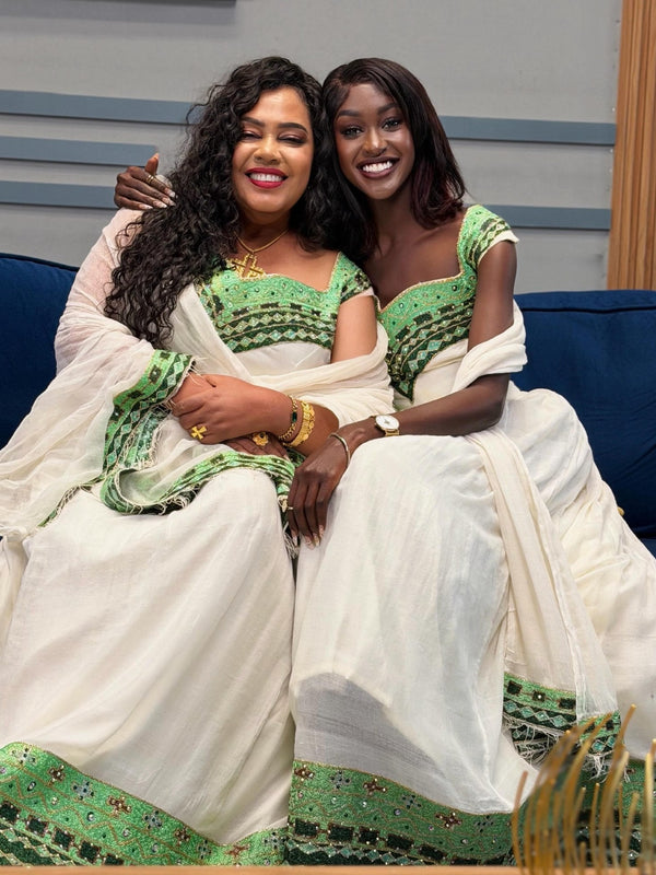 Habesha kemis With Green Embroidered Cap-Sleeve  V-Neck Bodice Traditional Ethiopian Dress Handwoven Habesha Dress 1333