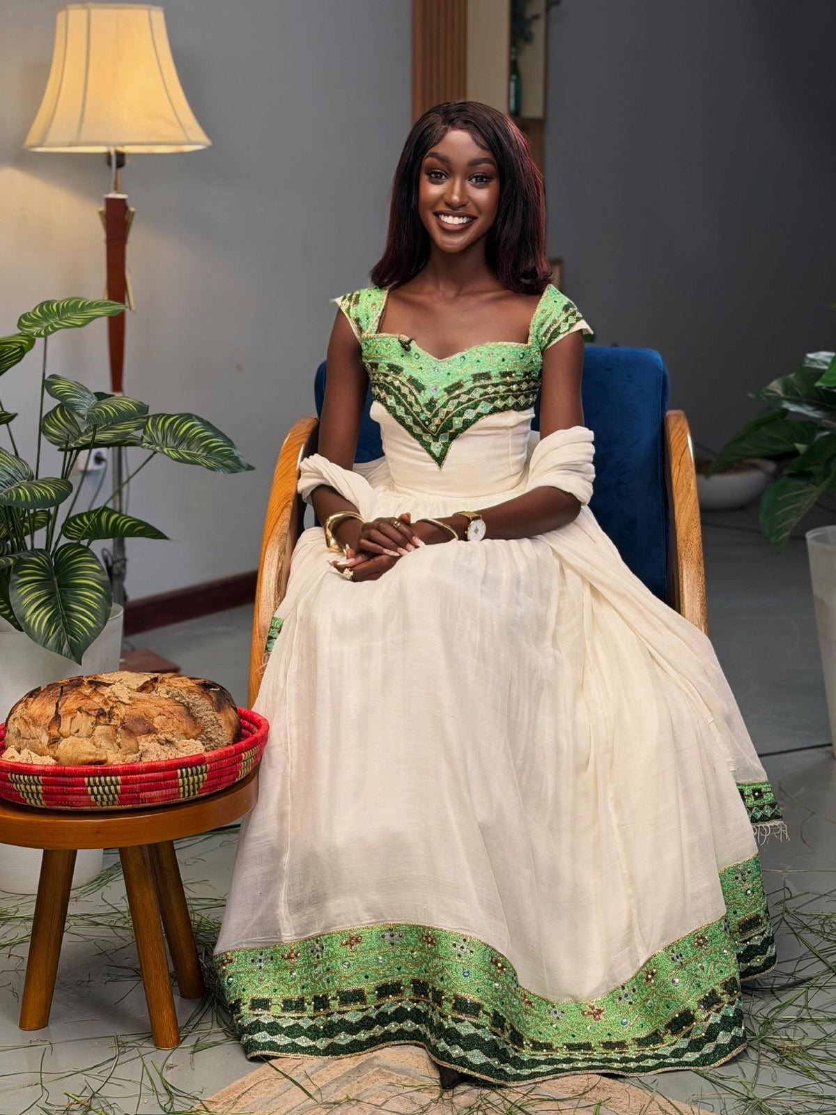 Green & Gold Embroidered Cultural Gown Charming Habesha Kemis 