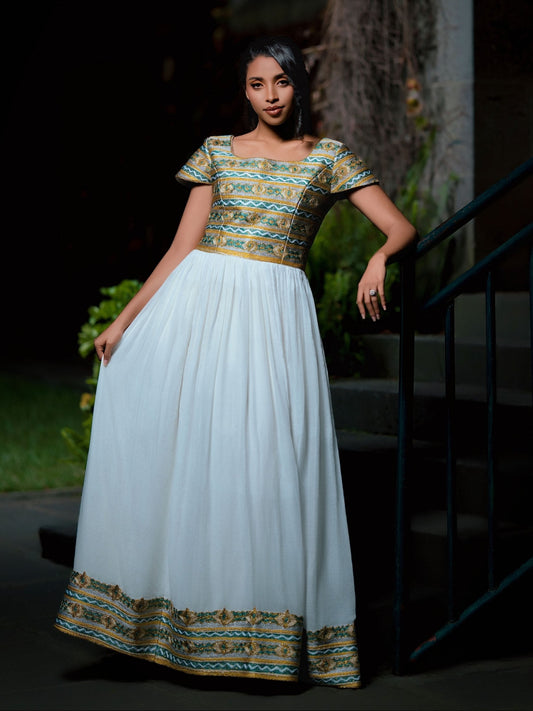 Olive Green & Gold Embroidered Cultural Gown Habesha Kemis 