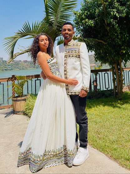 Habesha couple outfit Olive Green & Gold Embroidered Strapless Dress & Men's Jacket Matching Couple Set 1337