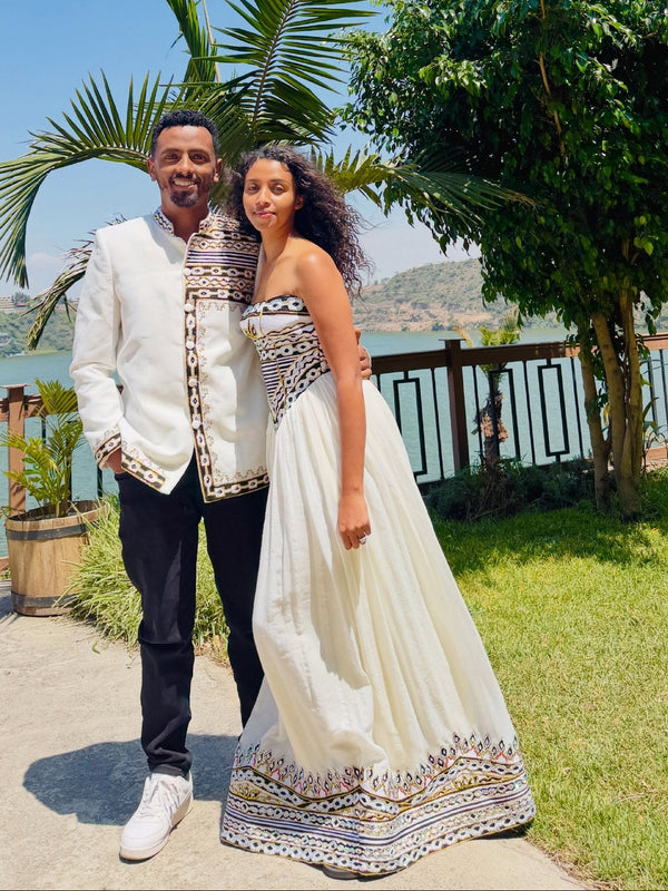 Olive Green & Gold Geometric Matching Couple Set Pure habesha cloth