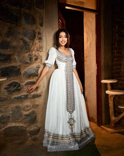 Lavender, Gold & Sky Blue Geometric Habesha Kemis  Elbow-Sleeve Ethiopian Clothing Festive Habesha Dress 1338