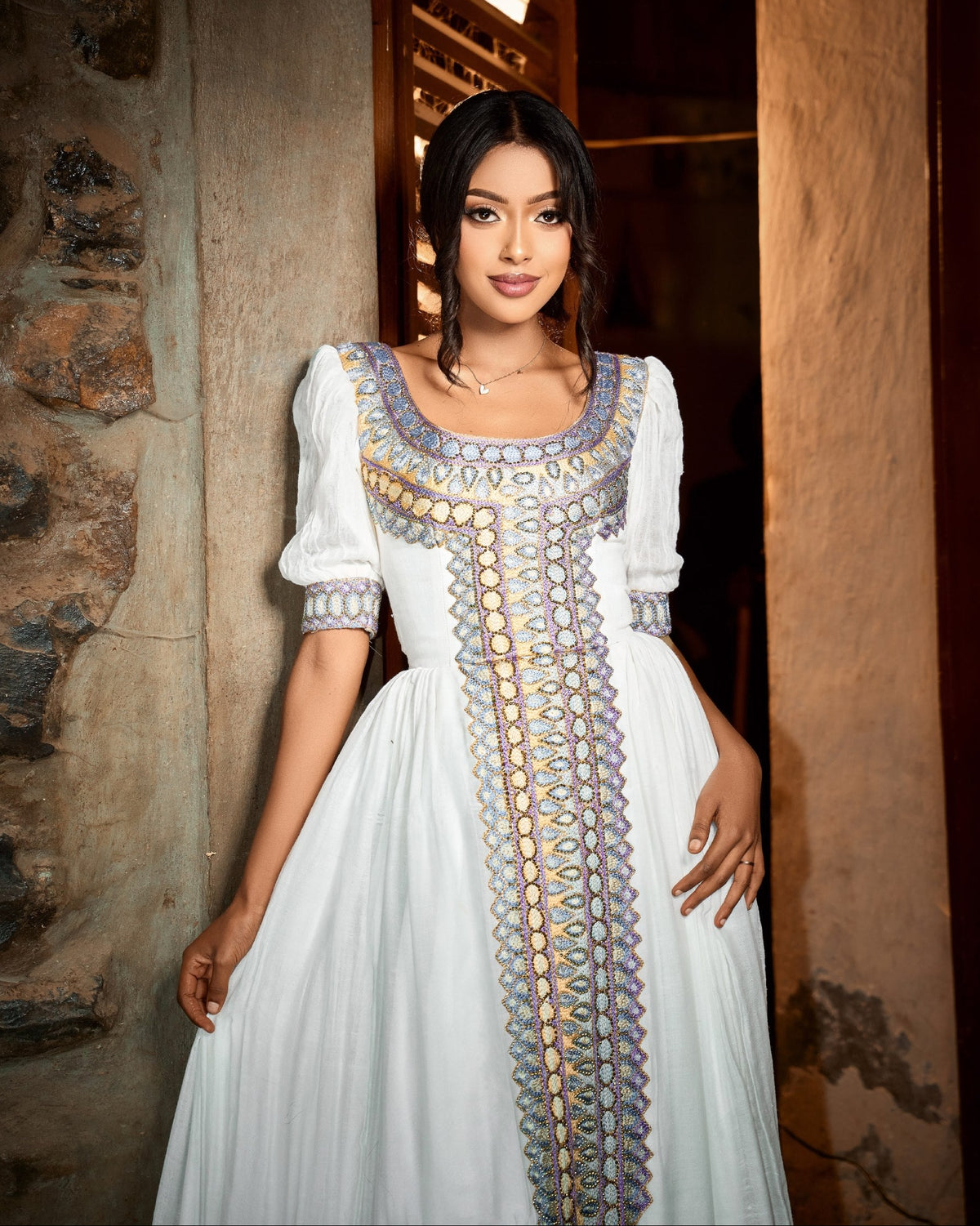 Lavender, Gold & Sky Blue Geometric Habesha Kemis  Elbow-Sleeve Ethiopian Clothing Festive Habesha Dress 1338