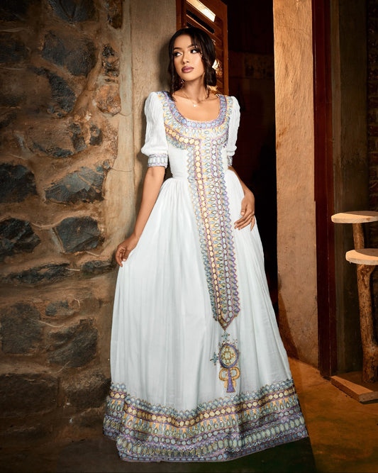 Lavender & Gold Geometric Embroidered Cultural Gown majesty Habesha Dress