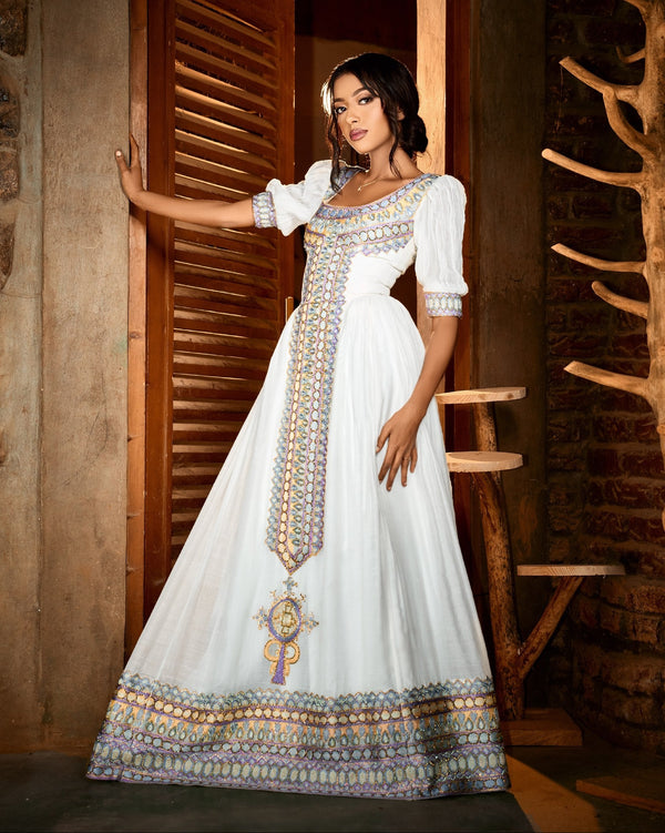 Lavender, Gold & Sky Blue Geometric Habesha Kemis  Elbow-Sleeve Ethiopian Clothing Festive Habesha Dress 1338