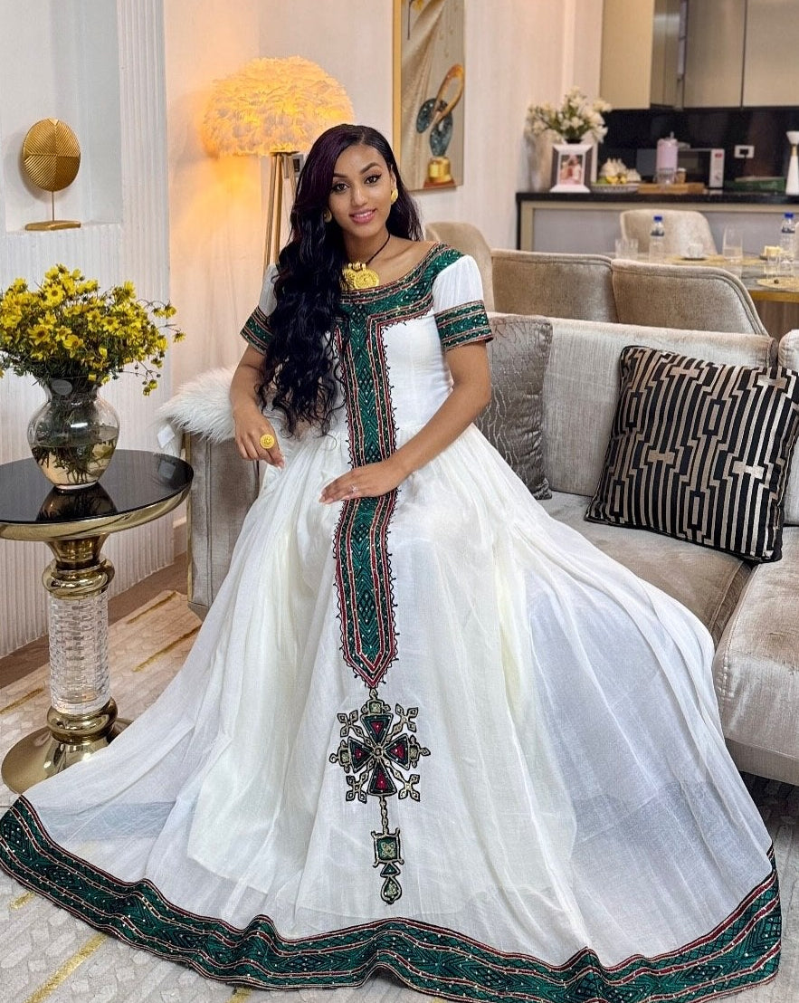 Ethiopian dress With Emerald Green & Burgundy Geometric Short-Sleeve Habesha Kemis Charming 1339