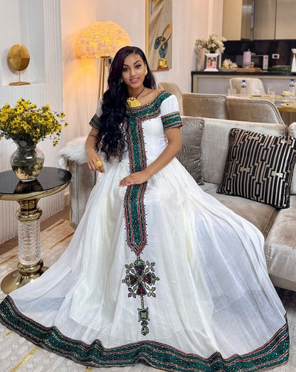 Ethiopian dress With Emerald Green & Burgundy Geometric Short-Sleeve Habesha Kemis Charming 1339