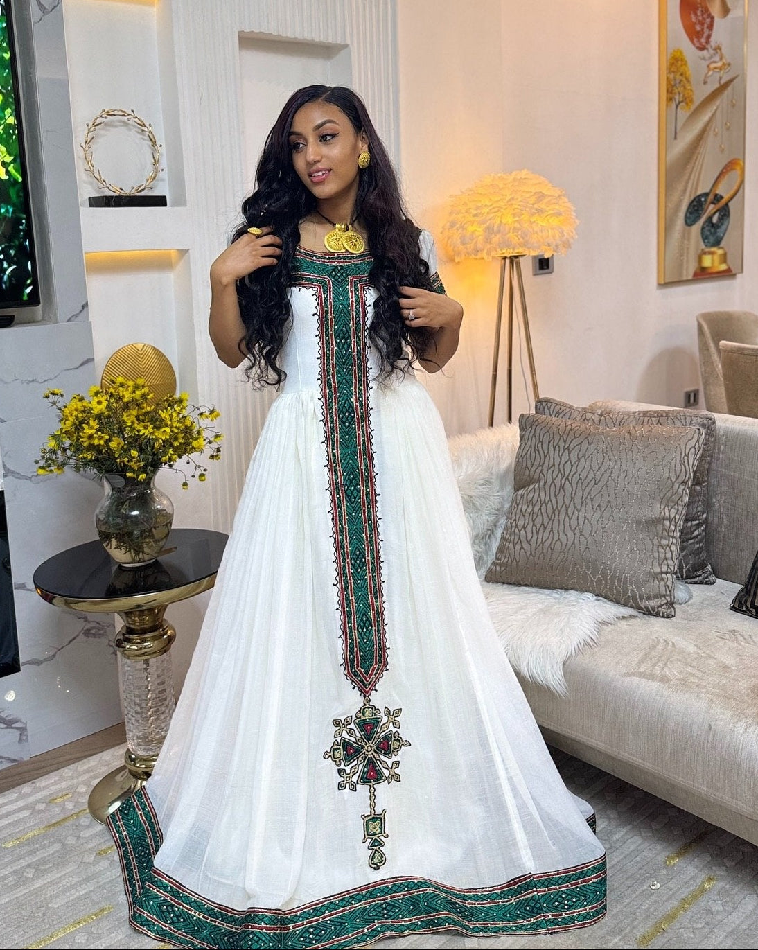 Emerald Green & Burgundy Embroidered Cultural Gown Habesha dress