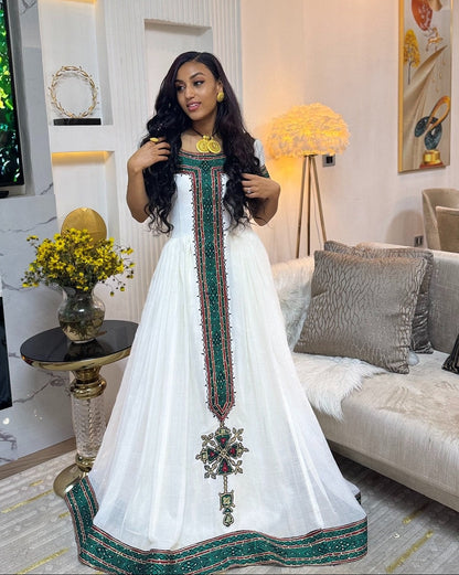 Emerald Green & Burgundy Embroidered Cultural Gown Habesha dress