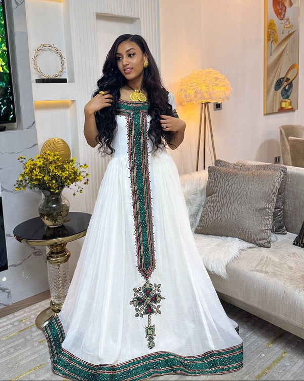Emerald Green & Burgundy Embroidered Cultural Gown Habesha dress