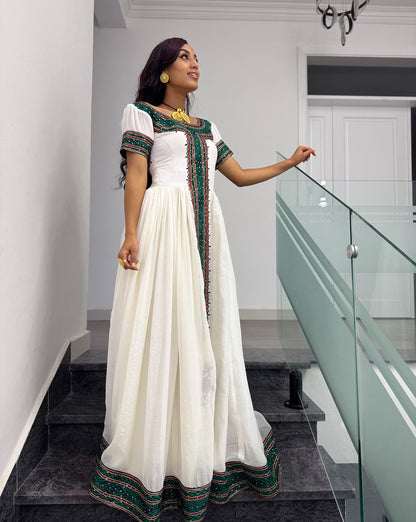 Ethiopian dress With Emerald Green & Burgundy Geometric Short-Sleeve Habesha Kemis Charming 1339