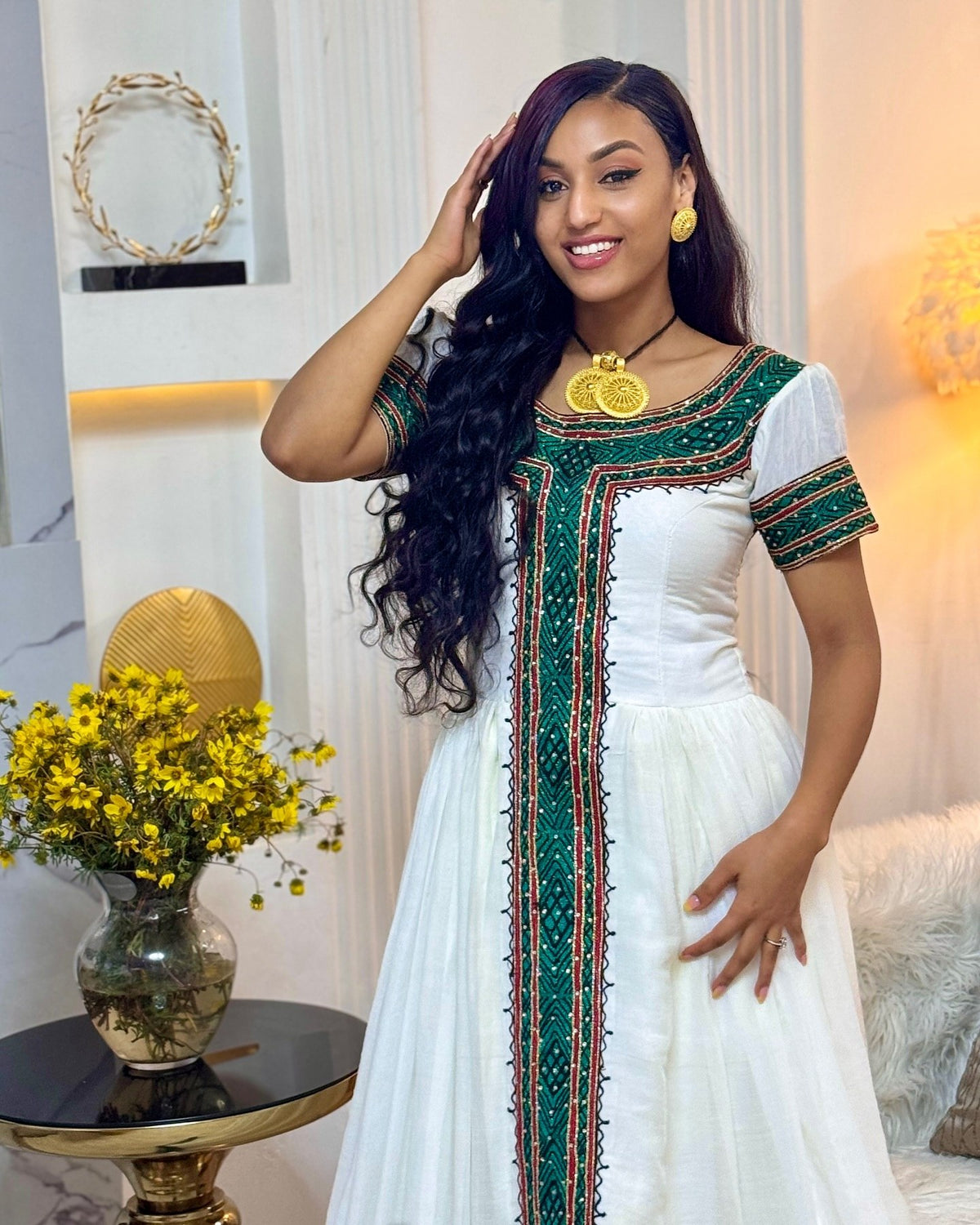 Ethiopian dress With Emerald Green & Burgundy Geometric Short-Sleeve Habesha Kemis Charming 1339