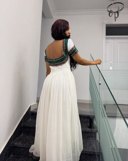 Ethiopian dress With Emerald Green & Burgundy Geometric Short-Sleeve Habesha Kemis Charming 1339