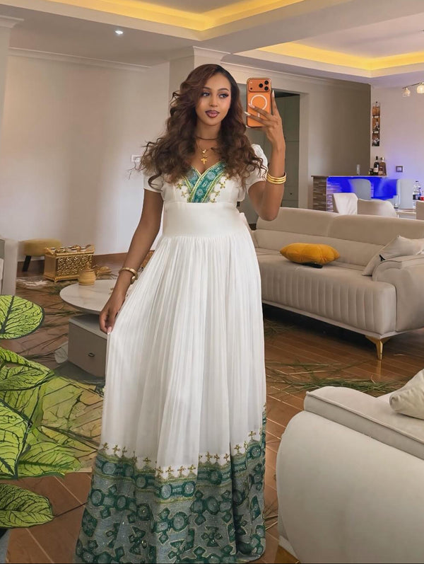 Majestic Peacock Teal Handwoven Cultural Dress Habesha dress