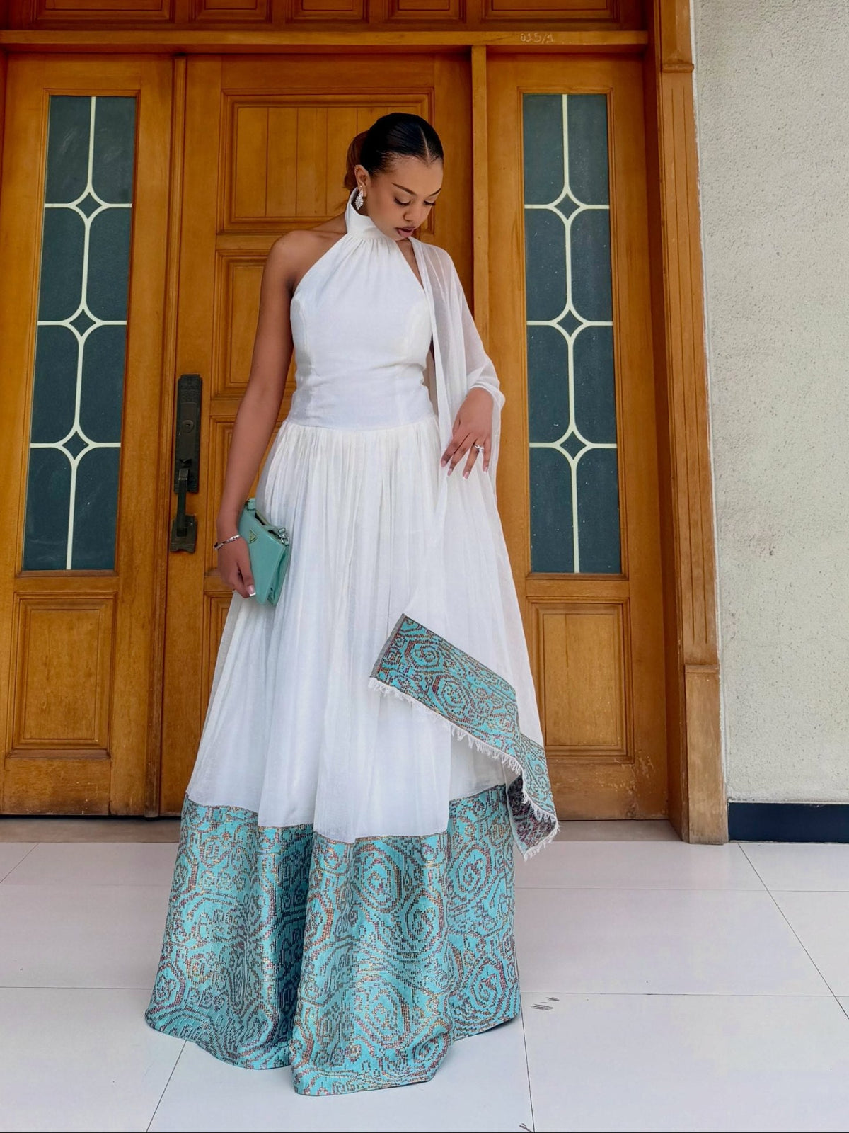 Ethiopian traditional dress Turquoise & Gold Paisley Halter Habesha Dress with Netela Classic Habesha Kemis 1341