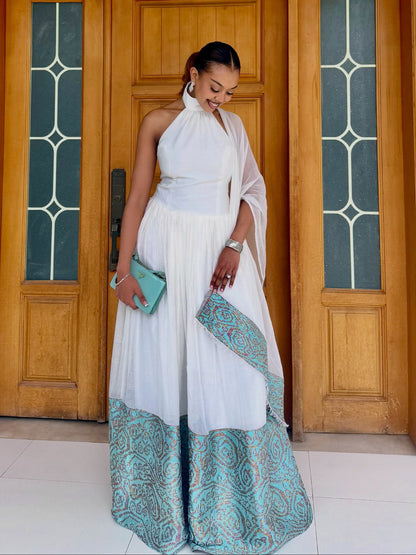 Ethiopian traditional dress Turquoise & Gold Paisley Halter Habesha Dress with Netela Classic Habesha Kemis 1341