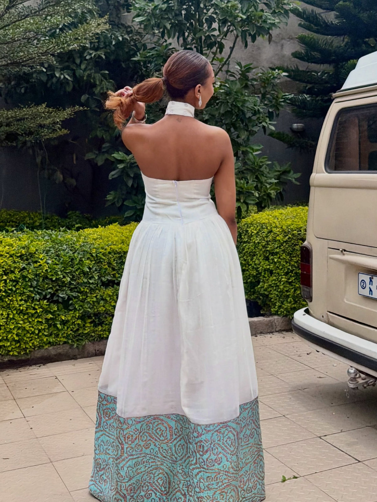 Ethiopian traditional dress Turquoise & Gold Paisley Halter Habesha Dress with Netela Classic Habesha Kemis 1341