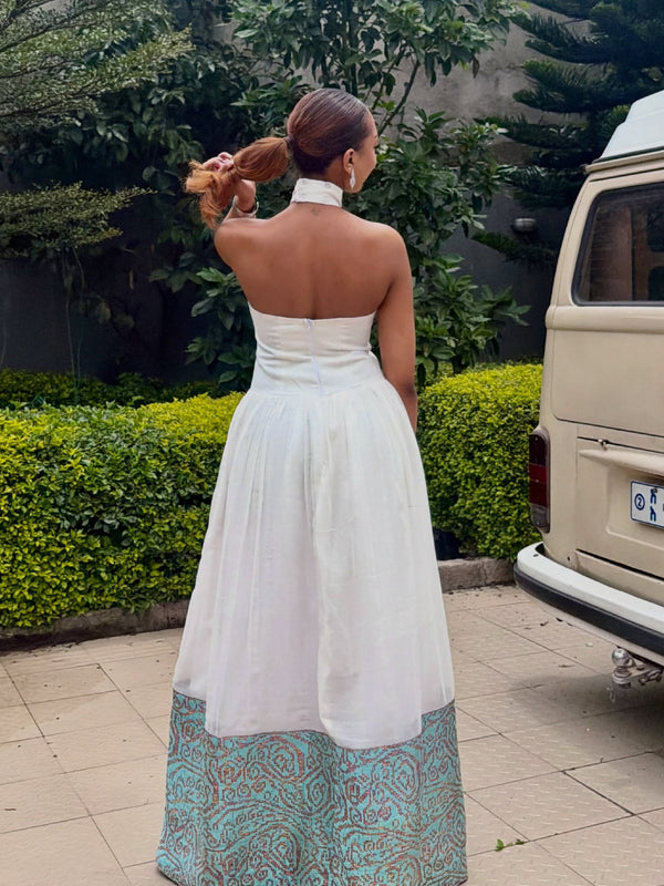 Ethiopian traditional dress Turquoise & Gold Paisley Halter Habesha Dress with Netela Classic Habesha Kemis 1341