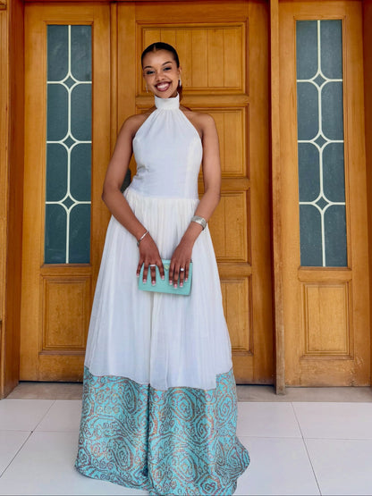 Ethiopian traditional dress Turquoise & Gold Paisley Halter Habesha Dress with Netela Classic Habesha Kemis 1341