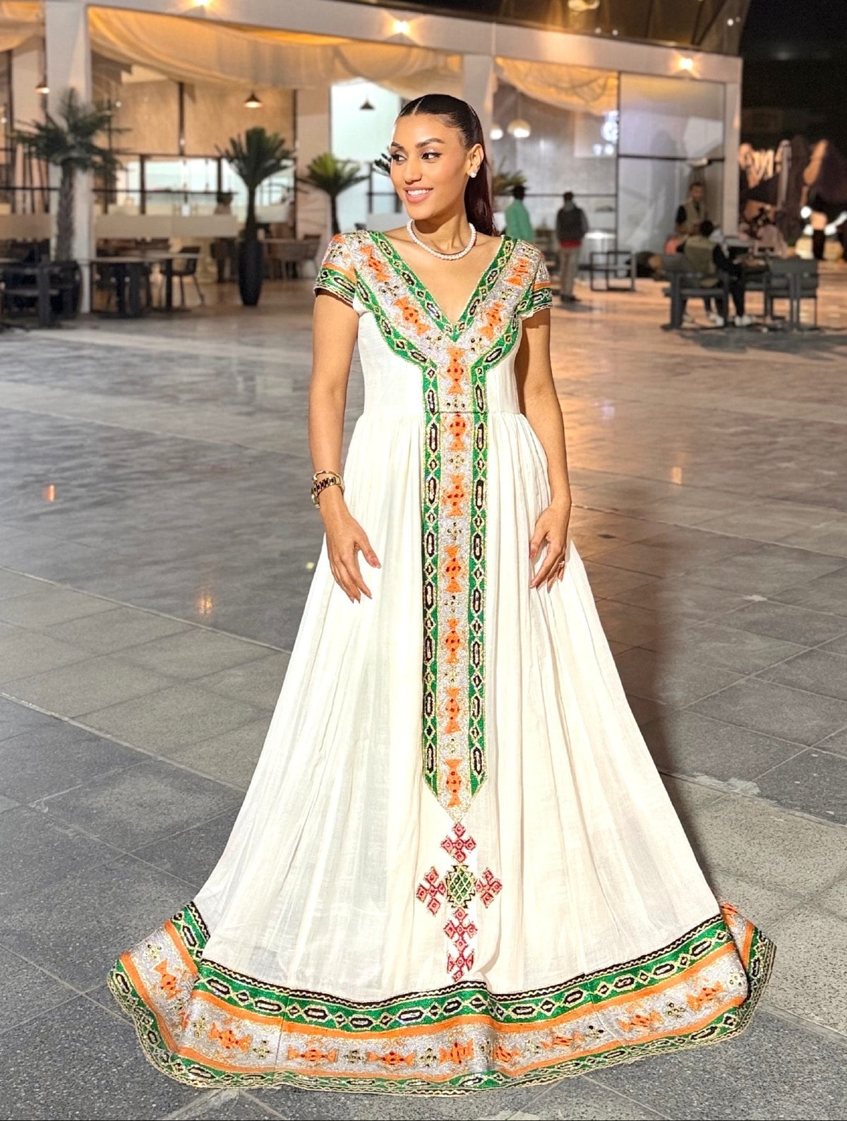Emerald Green & Orange Geometric Woven Silhouette Habesha dress