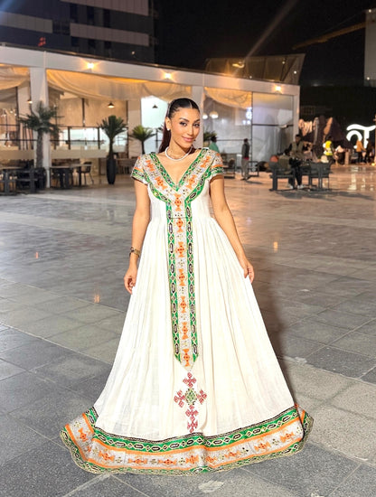 Vibrant Emerald Green, Sunset Orange & Metallic Silver Embroidered Ethiopian Dress V-Neck Eritrean & Habesha dress 1342