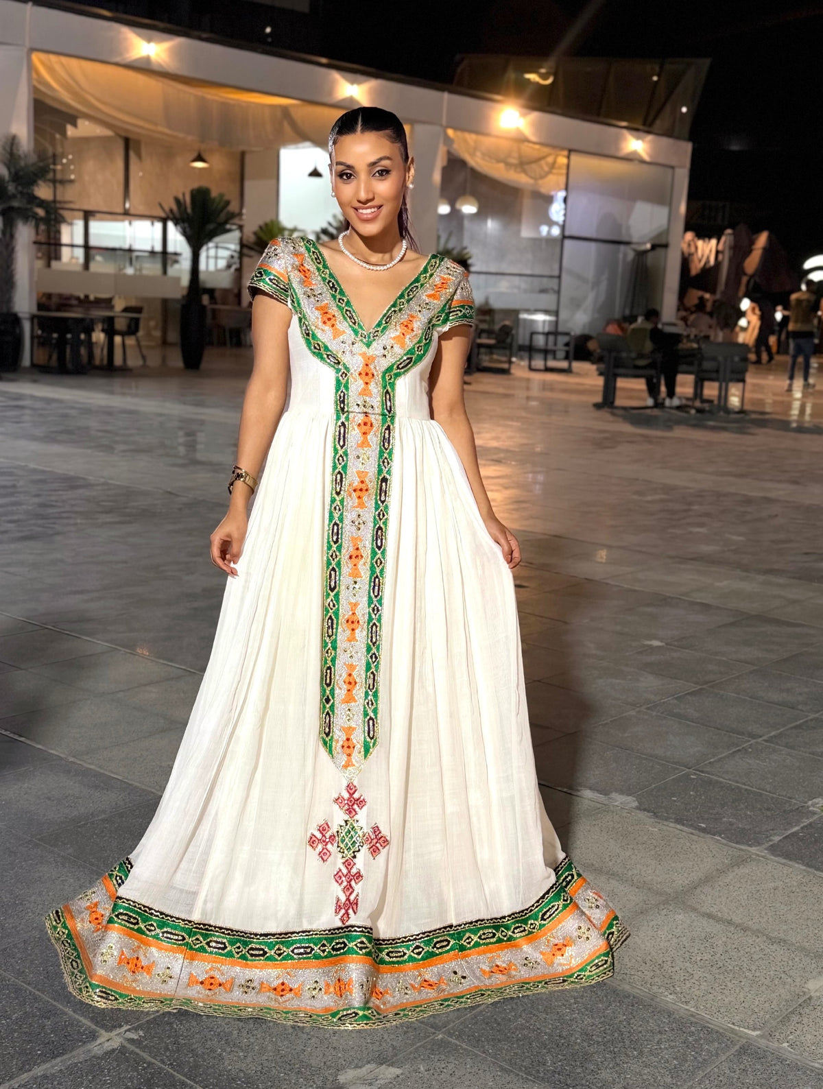 Vibrant Emerald Green, Sunset Orange & Metallic Silver Embroidered Ethiopian Dress V-Neck Eritrean & Habesha dress 1342