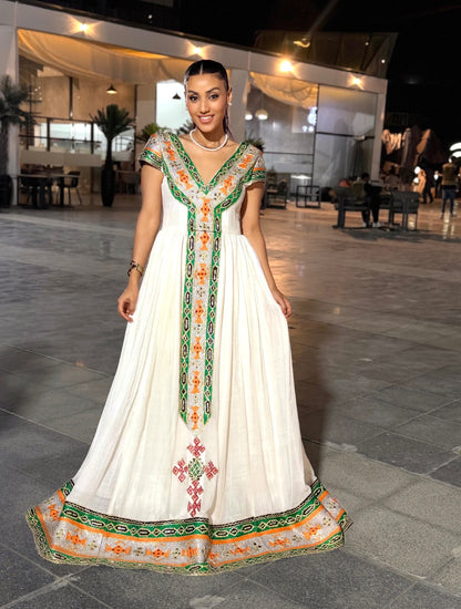 Vibrant Emerald Green, Sunset Orange & Metallic Silver Embroidered Ethiopian Dress V-Neck Eritrean & Habesha dress 1342