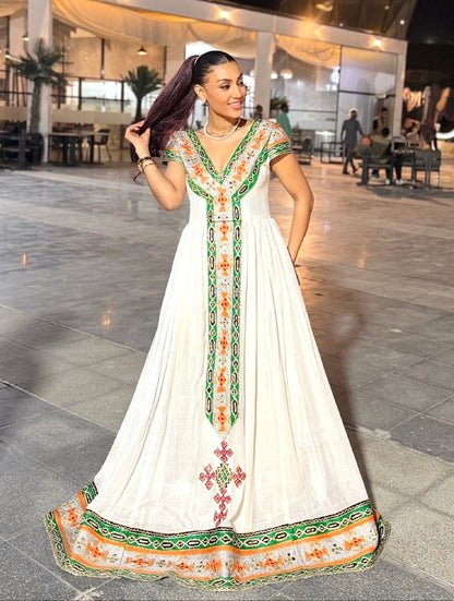 Vibrant Emerald Green, Sunset Orange & Metallic Silver Embroidered Ethiopian Dress V-Neck Eritrean & Habesha dress 1342