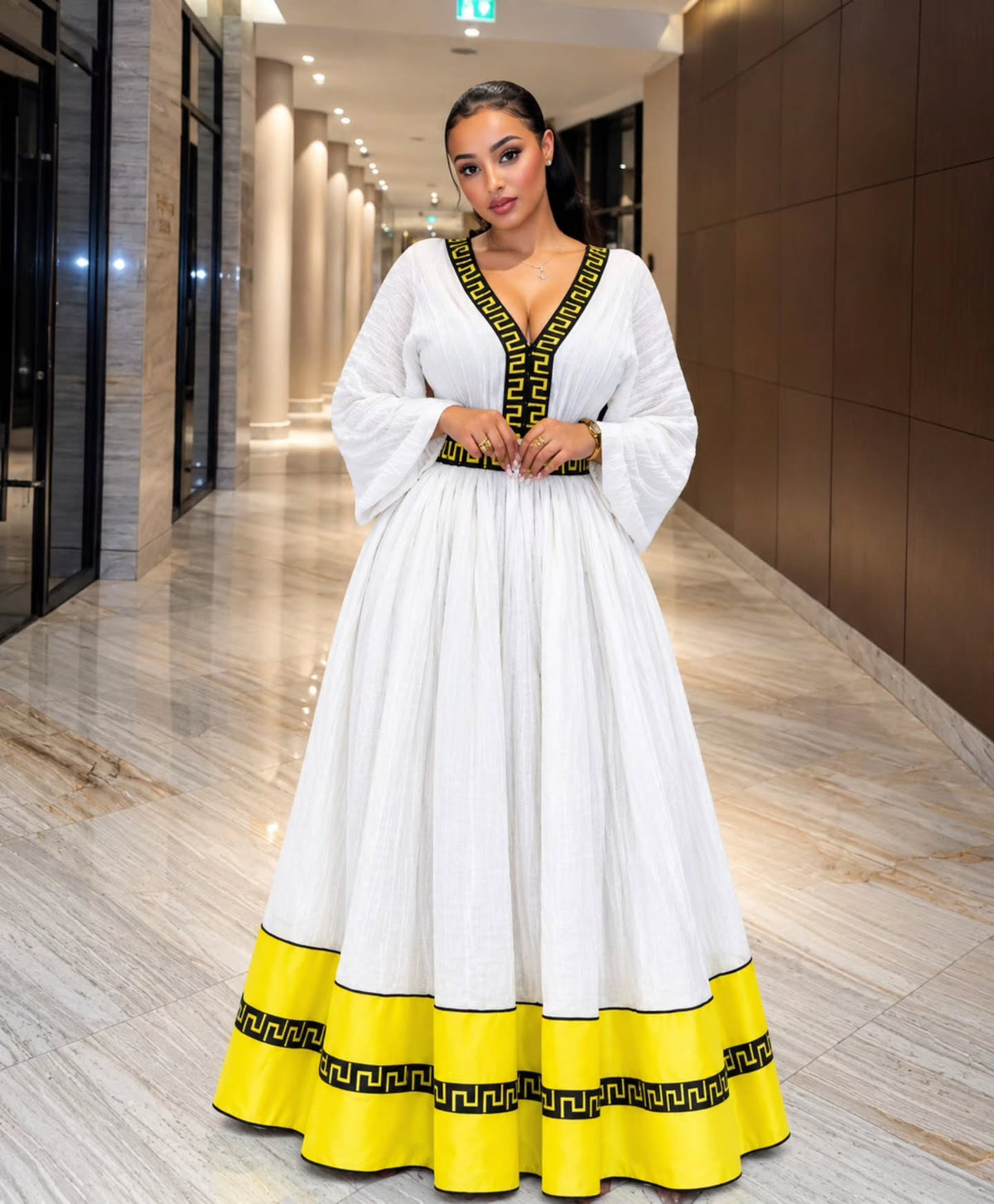 Order AI-Generated Habesha Kemis Online Bright Yellow & Black Ethiopian Traditional Dress   