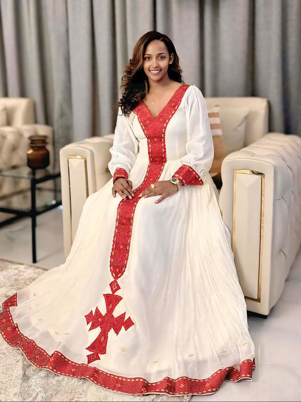 Red Motif Habesha Traditional Dress & Handcrafted Ethiopian Traditional Dress