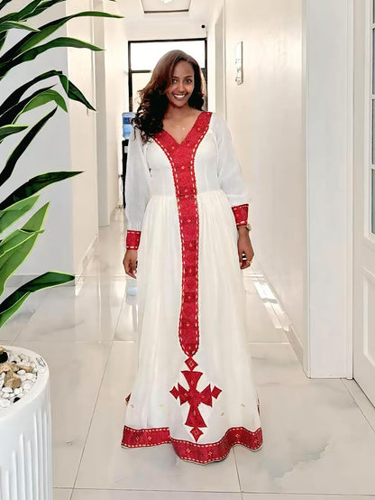 Vibrant Crimson Embroidered Ethiopian Dress Handwoven Habesha Kemis Online Collection & Authentic Ethiopian Clothing 1346