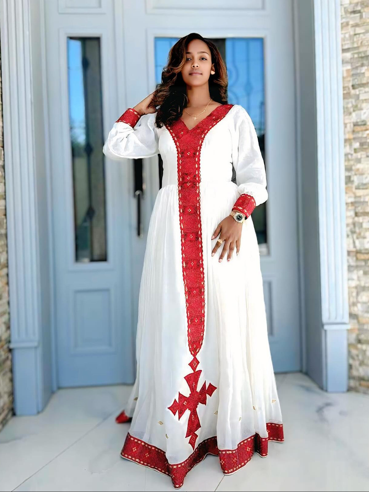 Vibrant Crimson Embroidered Ethiopian Dress Handwoven Habesha Kemis Online Collection & Authentic Ethiopian Clothing 1346