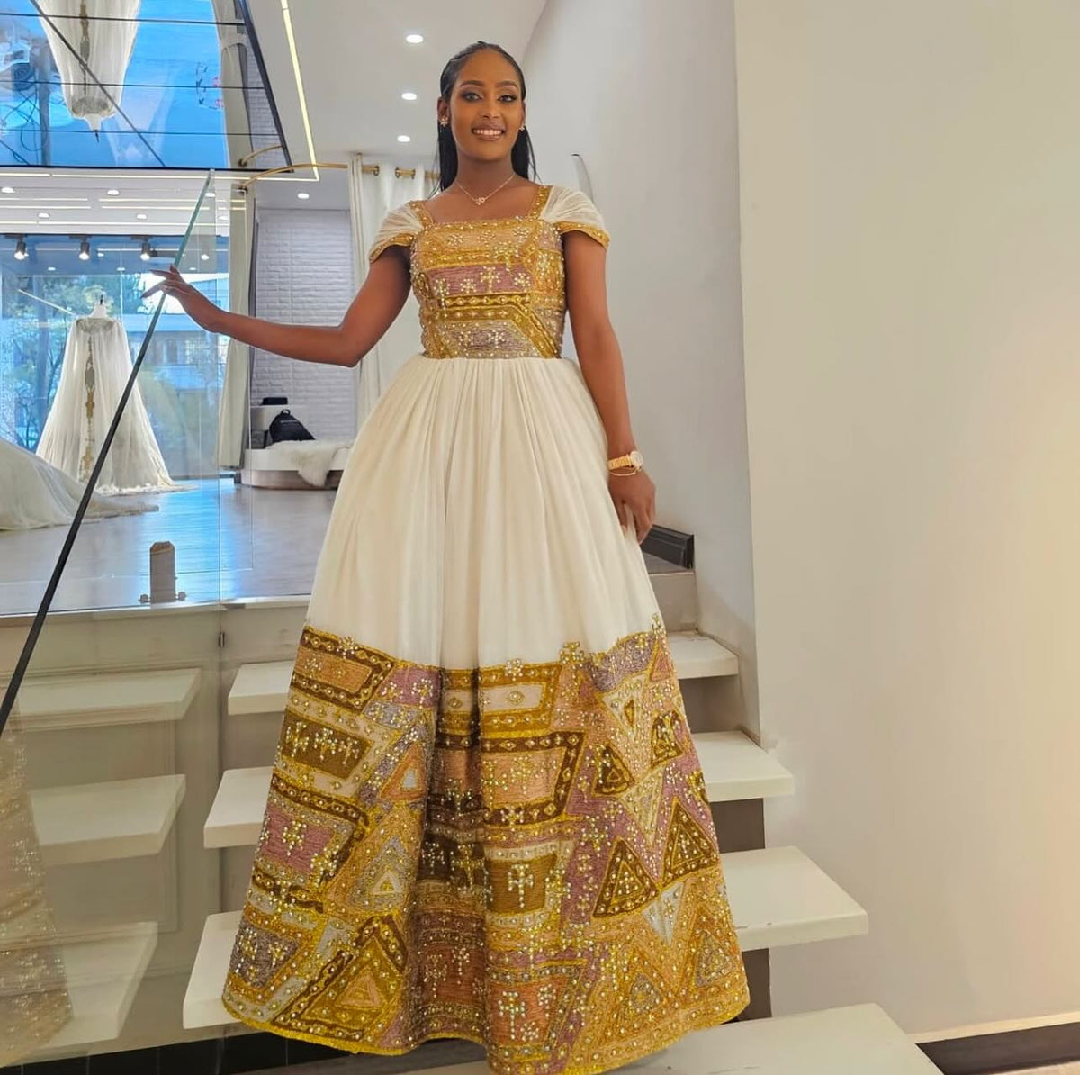 Royal Gold Bridal Habesha Kemis Handcrafted Traditional Ethiopian Wedding Dress & Elegant Eritrean Dress 1347