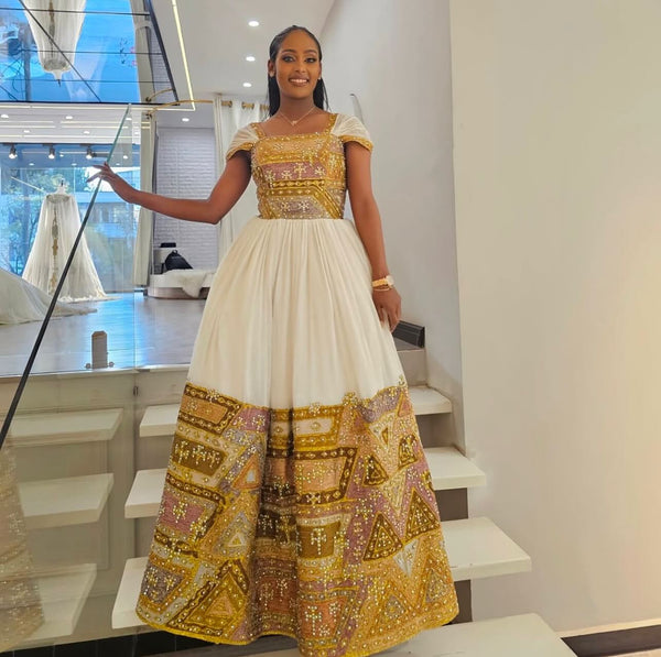 Royal Gold Bridal Habesha Kemis Handcrafted Traditional Ethiopian Wedding Dress & Elegant Eritrean Dress 1347
